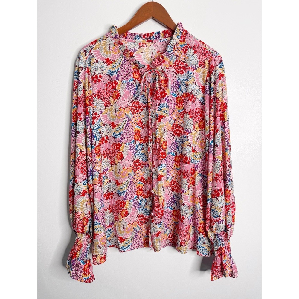 Floral Tie Neck Boho Blouse Ruffle Smocked Sleeve Peasant 2XL Artsy Romantic - Picture 2 of 9